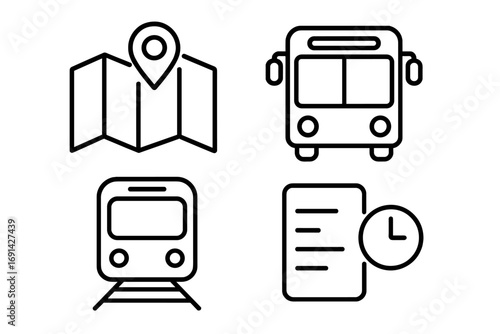 Transportation and travel line icon set including map location, bus front view, train on tracks, and schedule with clock, vector cartoon style illustration, transparent background