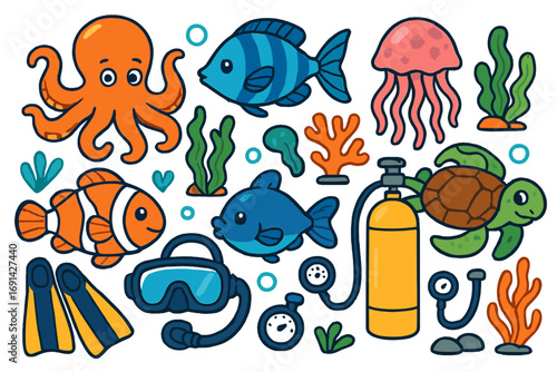 Set of cute cartoon sea animals and scuba diving equipment. Underwater life collection with octopus, fish, turtle, jellyfish. Ocean vector graphic illustration for kids.