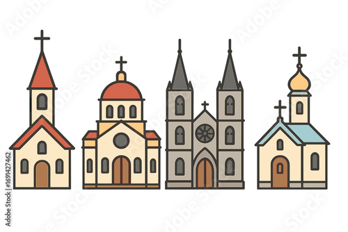 Set of traditional church buildings. Vector flat cartoon illustration. Collection of catholic, orthodox and christian chapels with different architectural styles. Religious icons.