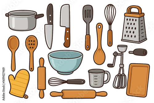 Kitchen tools and cooking utensils vector set. Cartoon illustration of cookware equipment for baking and culinary activities. Includes pot, knife, whisk, spatula, grater.