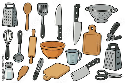 Big set of kitchen utensils and tools for home cooking. Vector cartoon collection of kitchenware for meal preparation. Icons like knife, grater, spatula, bowl, isolated.