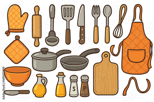 Kitchen tools and utensils set for cooking. Culinary equipment vector collection. Cookware, kitchenware illustration. Apron, pot, pan, rolling pin, whisk for baking.