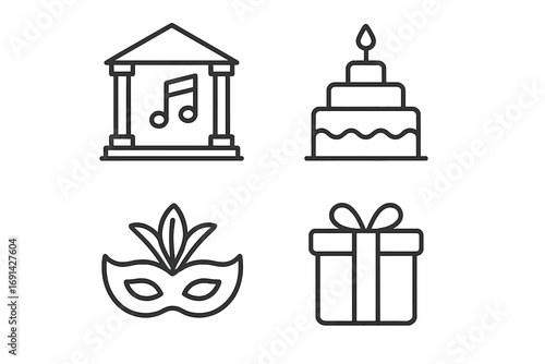 Party and celebration line icon set. Music hall, birthday cake, carnival mask, and gift box vector symbols. Entertainment, arts, and holiday event pictograms. Editable stroke.