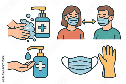 Pandemic safety measures icon set. Health and hygiene rules. Social distancing, wear face mask, wash hands, use sanitizer. Prevention of coronavirus. Vector illustration.