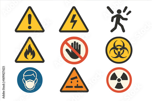 Vector set of safety hazard warning symbols. Flat design icons for danger and caution. Signs for fire, electricity, biohazard, radiation, corrosive and general risk alert.