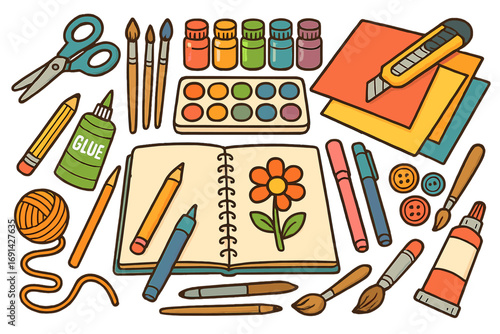 Art and craft supplies set for creativity. Back to school tools for drawing, painting. Handmade DIY hobby workshop concept. Artist education vector icons collection.