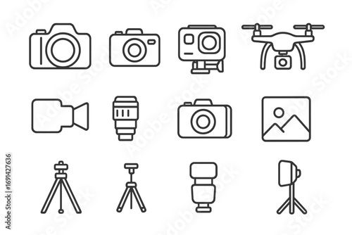 Photography equipment line icon set with cameras, drones, tripods, lenses, flashes, and video gear, vector cartoon illustration, minimal outline collection for design