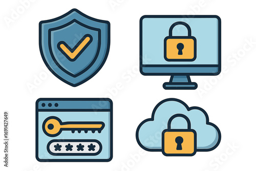 Online protection and data privacy icon set. Vector graphics for cybersecurity, internet safety, secure login, password, cloud computing, and network antivirus protection.