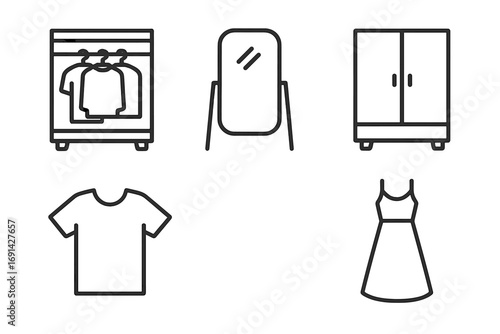 Furniture and clothes line icon set. Closet, open wardrobe, mirror, dress, t-shirt. Minimalist pictogram collection. Vector illustration for home interior, fashion, app design.