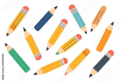 Vector set of colorful pencils in simple flat cartoon style. Back to school concept with writing tools. Drawing supplies for education, art, or office. Isolated elements.