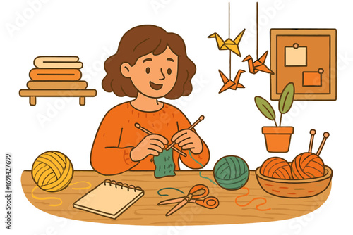 Woman knitting at a cozy workspace. Crafting hobby with yarn and creativity. Handmade concept vector illustration. Needlework, leisure activity, DIY handicraft at home.