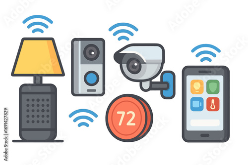 Smart home device icon set showing wireless connectivity. Vector illustration of IoT automation technology with smartphone app, security camera, doorbell, thermostat, and smart lamp.