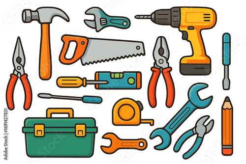 Vector collection of colorful construction and woodworking tools for home improvement. DIY repair kit icon set with hammer, saw, drill. Carpentry and building cartoon symbols.