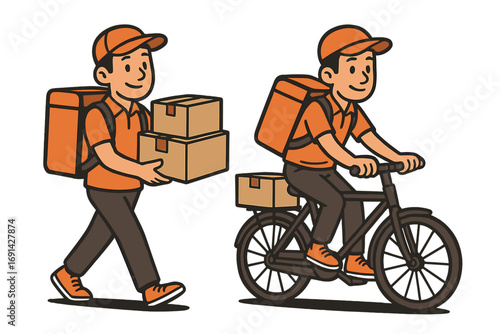 Courier character delivering packages. Delivery man walking with boxes and riding a bike. Vector illustration set for fast shipping service, online order, and postal concepts.