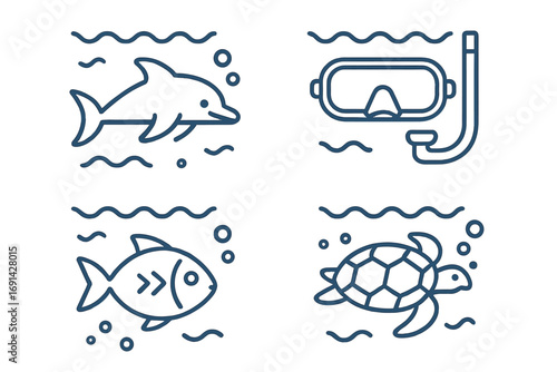 Marine life icon set. Underwater exploration concept. Snorkeling gear, dolphin, fish, sea turtle. Ocean life simple line art. Minimalist vector for beach and sea theme.