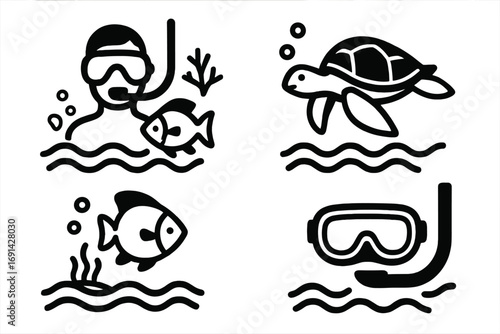 Snorkeling icon set. Underwater exploration concepts. Diver with mask, fish, sea turtle. Marine life and ocean waves. Minimalist simple glyph vector cartoon illustration.