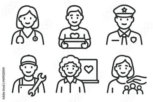 Community service and diverse professions icon set. Doctor, police, volunteer, mechanic line art. Vector people avatars for social support, charity and public worker concepts.