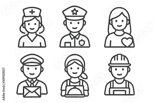 Essential workers icon set. Community helpers and diverse professions concept. Minimalist line art avatars of nurse, police, postman, builder, volunteer. Public service jobs.