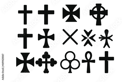 Collection of various religious cross icons. Christian faith and crucifix symbols for design. Includes Celtic cross, Latin, Ankh, and other spiritual shapes. Vector set.