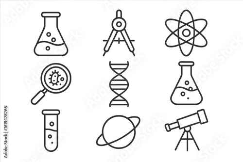 Science line icon set. Vector collection of thin line pictograms with editable stroke. Research, education, technology concepts. Atom, flask, DNA, telescope, microbe symbols.