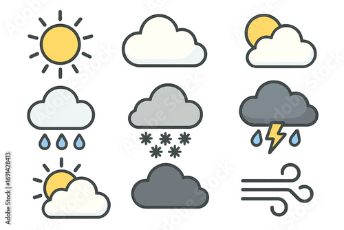 Weather forecast icon set. Vector illustration collection of climate symbols for meteorology. Sun, clouds, rain, snow, wind, storm. Cartoon pictogram for app, web design.