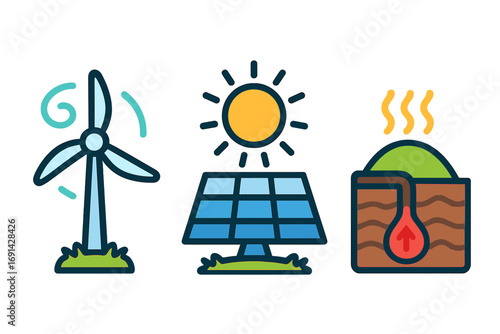 Set of renewable energy source icons. Vector symbols for wind, solar, and geothermal power. Eco-friendly, sustainable, green energy concept. Flat cartoon illustration.