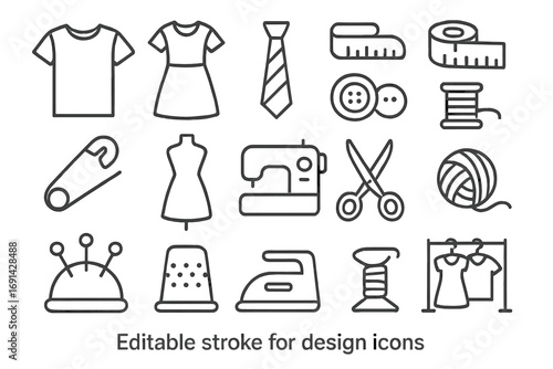 Sewing line icon set. Tailoring, fashion design, dressmaking, needlework concept. Garment industry, haberdashery symbols. Outline vector icons with editable stroke pictograms.