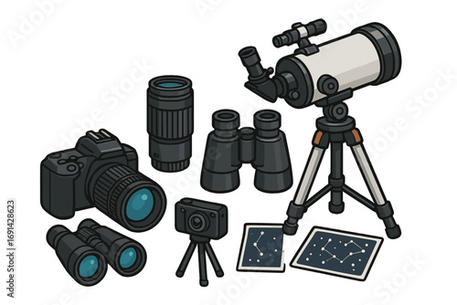 Astronomy and astrophotography equipment set. Telescope, camera, lens, and binoculars for celestial observation. Hobby and science concept. Star gazing and discovery cartoon vector.