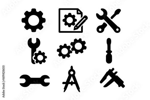 Set of black flat icons for engineering and design. Tools and gears collection for repair service and development concepts. Vector illustration of mechanical workshop symbols.