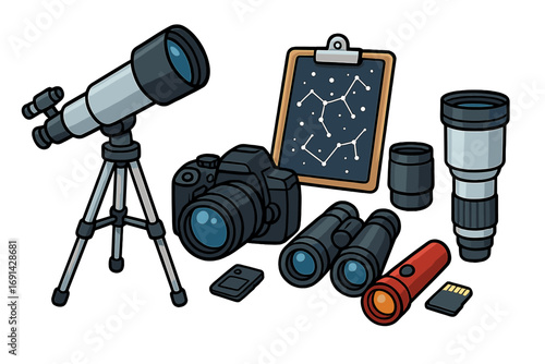 Astrophotography equipment set for stargazing. Vector cartoon illustration with telescope, camera, lenses, binoculars, and star chart for astronomy hobby or science concept.
