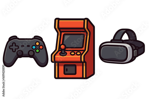 Gaming evolution vector icon set. Game controller, retro arcade machine, and VR headset. Modern and classic video game technology. Gamer culture cartoon illustration.