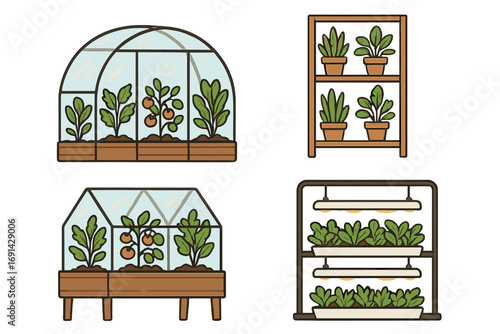 Greenhouse and indoor plant growth setups for urban gardening. Vector icon set with hydroponics, vertical farm, and smart garden. Grow your own food, plants, vegetables.