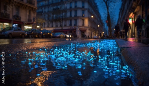 Fototapeta Naklejka Na Ścianę i Meble -  Illuminated puddles on a Parisian street at night