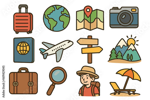 Travel icon collection. Tourism and adventure vector set. Global exploration and vacation planning concepts. Cartoon suitcase, passport, map, plane, camera, mountain, beach.