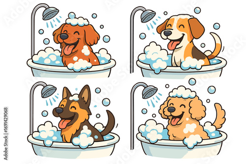 Cartoon vector set of happy dogs enjoying a bath. Pet grooming and hygiene concept with different breeds like retriever, shepherd, beagle washing in a tub with bubbles and foam.