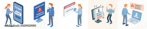 Isometric Style Detailed Login Authentication Security Issue Set Illustration
