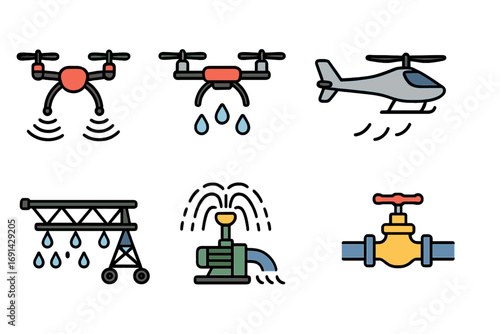 Smart farming icon set with agriculture drones, helicopter crop duster, and irrigation equipment. Vector collection for water management, sprinkler, pump, and pipe valve.