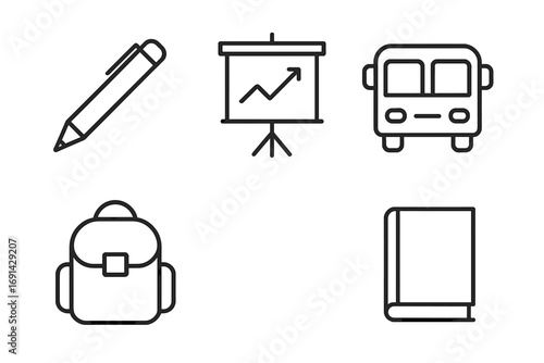 Education and school line icon set. Back to school concept with pen, bus, backpack, book, and presentation board symbols. Minimal vector pictogram with editable stroke.