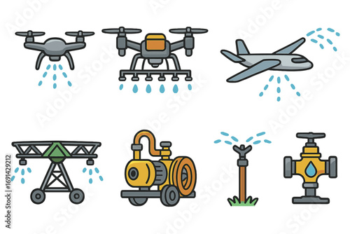 Smart farming icon set. Agriculture technology with drone sprayer, crop duster plane, irrigation system, water pump, sprinkler. Vector icons for modern agritech solutions.
