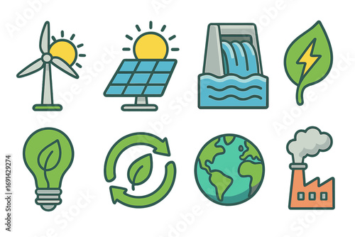 Renewable energy icon set. Green power concepts with wind, solar, and hydro symbols. Sustainability, recycling, ecology, and environmental pollution cartoon icons. Vector.