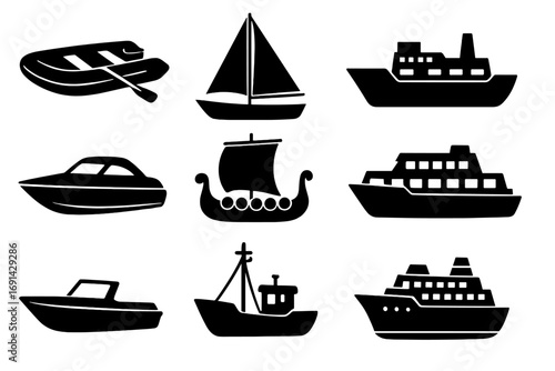 Set of boat and ship silhouettes. Collection of water transport icons. Vector illustration of various vessels: cruise liner, ferry, sailboat, yacht, speedboat, fishing boat, Viking drakkar.