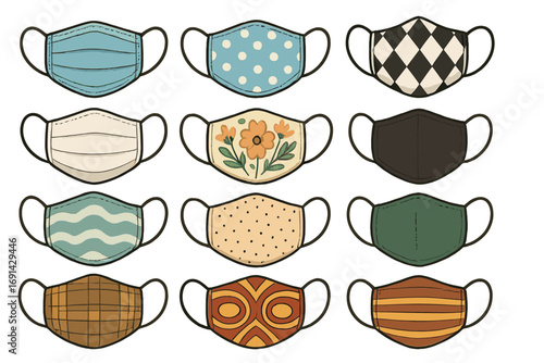 Collection of various mask designs. Medical surgical and fashion cloth masks with patterns. Hygiene safety and protection from virus flu covid. Vector cartoon illustration set.
