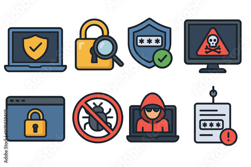 Cybersecurity icon set. Vector cartoon illustration of digital security concepts. Hacker, phishing, virus, malware threat. Antivirus, password protection, data privacy symbol.