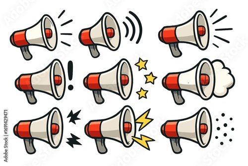 Set of megaphone icons. Hand-drawn cartoon bullhorn illustration for announcement, protest or marketing. Loudspeaker for communication, alert, and advertising. Vector doodle.
