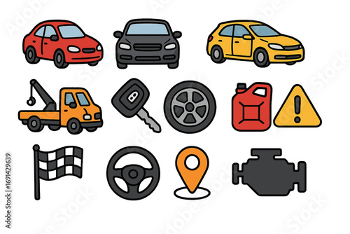 Car service and automotive icon set. Vector cartoon collection of vehicle symbols like tow truck, engine, tire, key, gasoline, steering wheel, and racing flag.