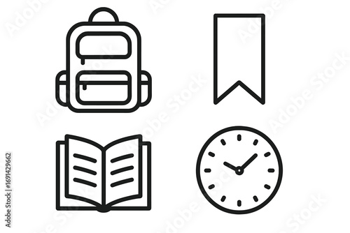 Education line icon set. School, college, university learning symbols. Simple outline pictogram collection with backpack, book, clock, and bookmark for web and mobile apps.