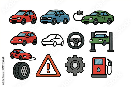 Car service and automotive icon set. Vehicle maintenance, repair, and transport symbols. Electric car charging, gas station, tire, and warning sign vector illustrations.