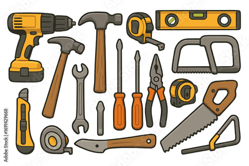 Vector tool kit collection. Cartoon construction and repair icons. DIY hardware set with hammer, saw, drill, screwdriver, wrench, and tape measure for carpentry work.