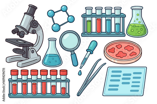 Science laboratory equipment icon set. Vector cartoon tools for biology, chemistry research and analysis. Microscope, test tube, flask, petri dish, dna gel, molecule icons.