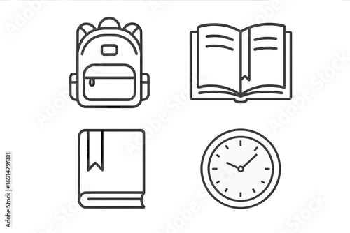 Education and school line icon collection. University, college, learning pictograms. Modern outline vector set for web, apps, design. Includes backpack, book, clock, time, knowledge.